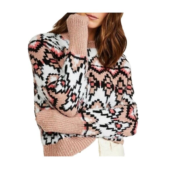 ANN TAYLOR White pink Fair Isle womens V-Neck Cardigan Sweater size Medium - Picture 1 of 9